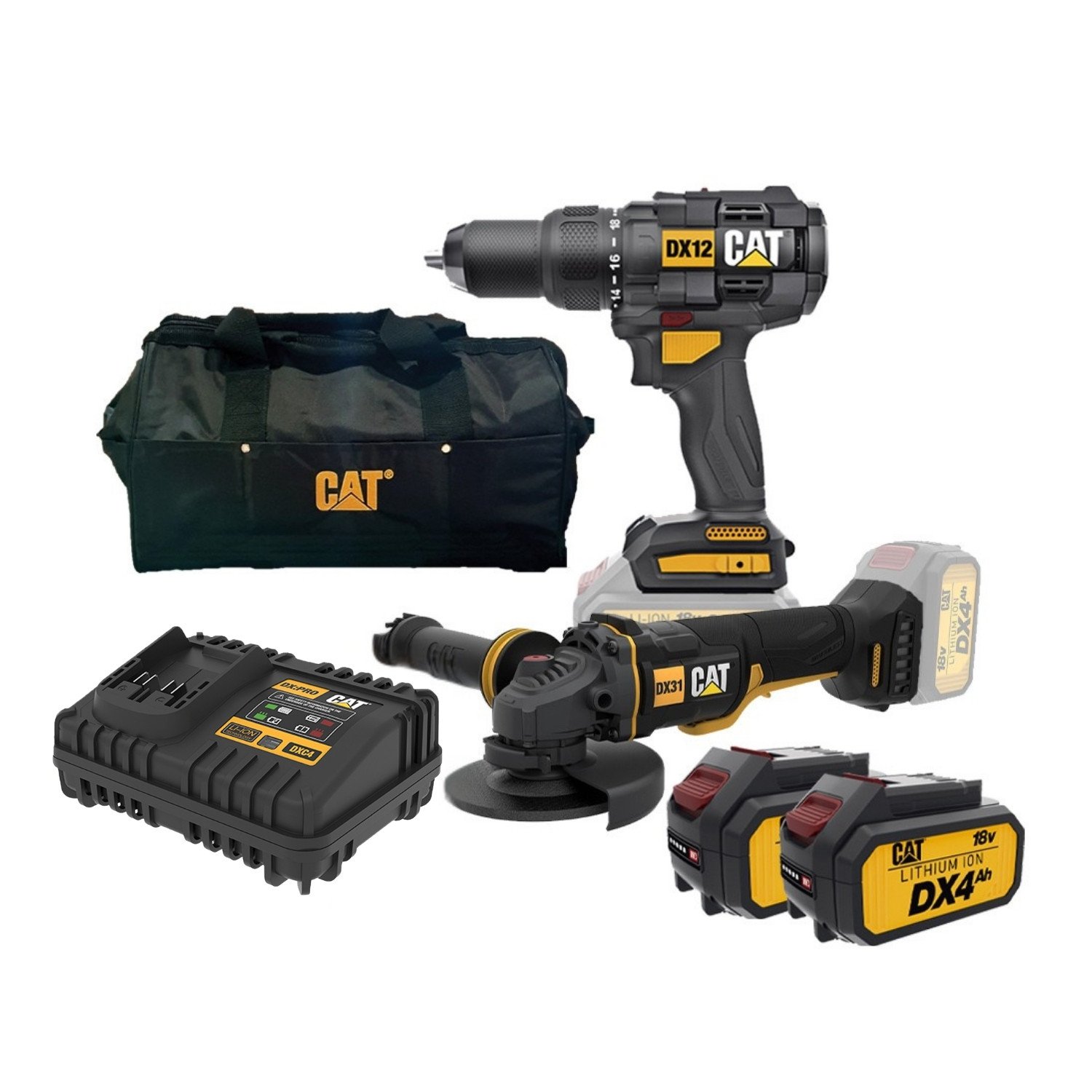 CAT Combo-08 Δραπανοκατσάβιδο κρουστικό DX12B + γωνιακός τροχός μπαταρίας 125mm DX314B + τσάντα εργαλείων χεριού DA42001 + δώρο 2 μπαταρίες 4.0Ah DXB4 + δώρο φορτιστή DXC4